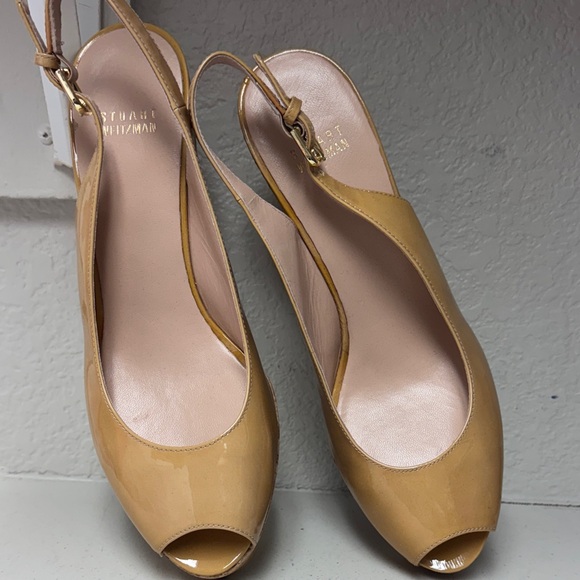 Stuart Weitzman Beige Patent Wedge Sandals - Picture 2 of 6